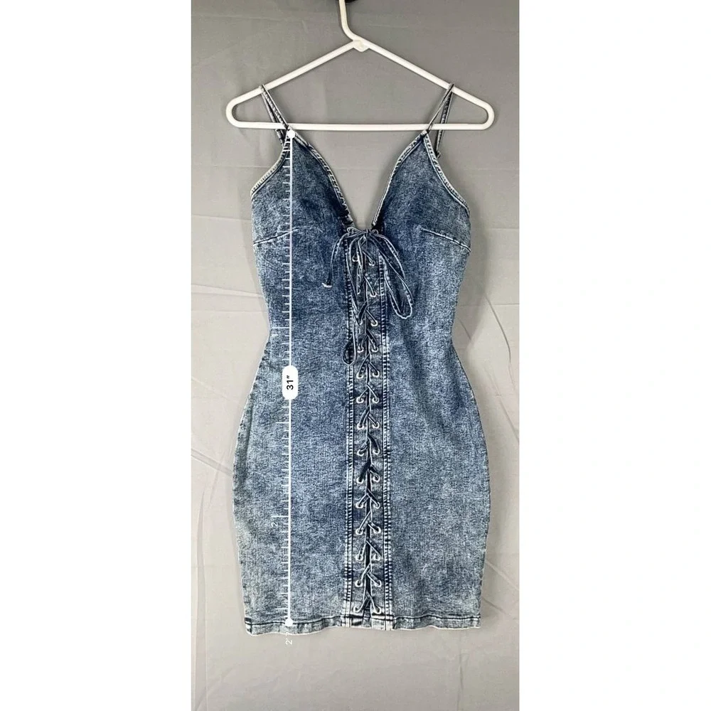 Windsor's Laced Up In Denim Dress Bodycon‎ V-neck Spaghetti Straps Sz S Grunge
